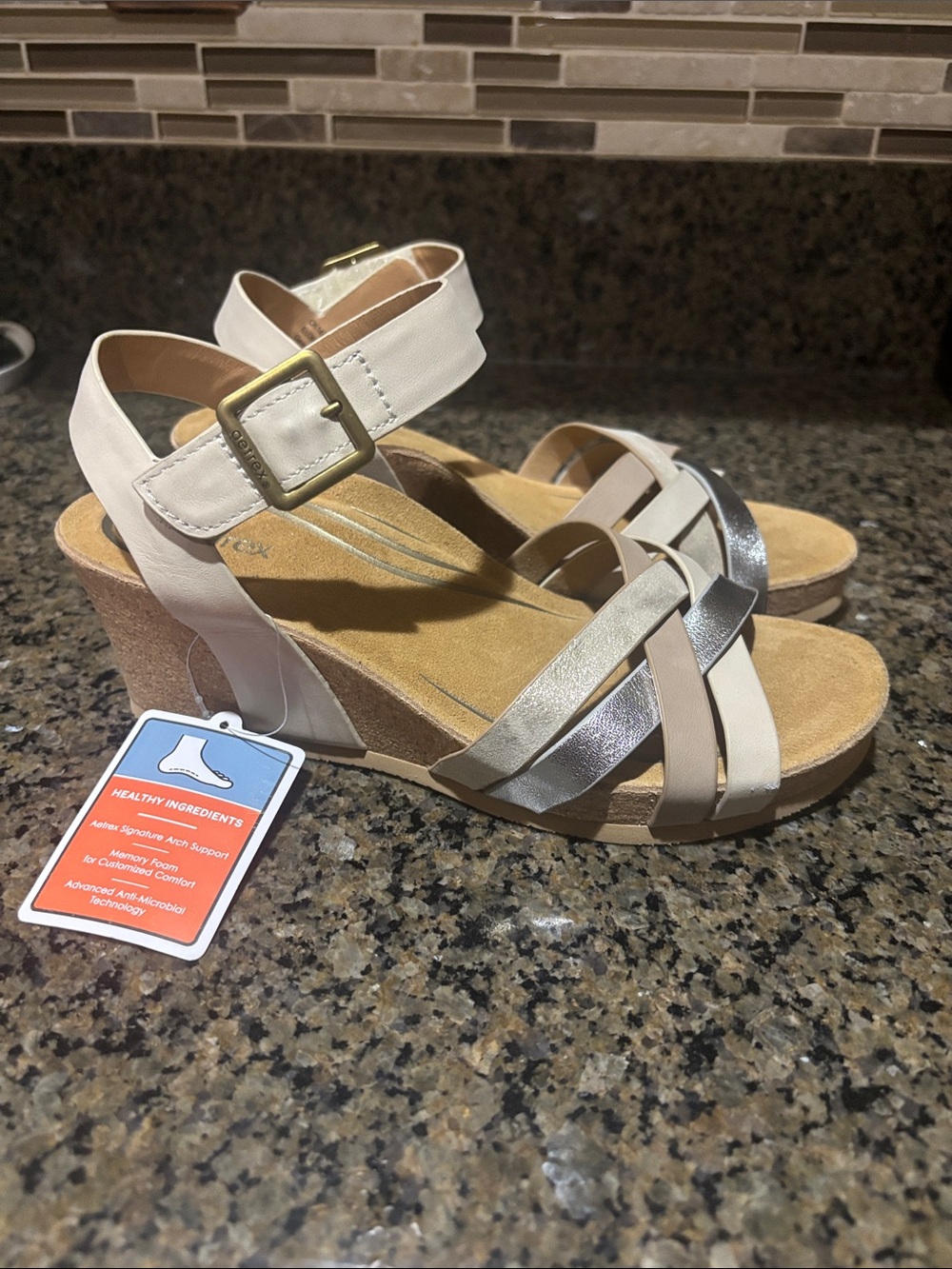 Aetrex Women's Metallic Silver and Beige Strappy Ankle Sandals-NWT
